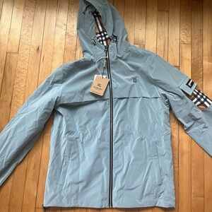 Burberry Light Blue Rain Jacket with Plaid Details